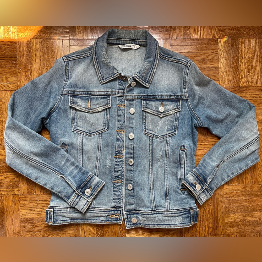 Zara denim jacket, distressed, fitted